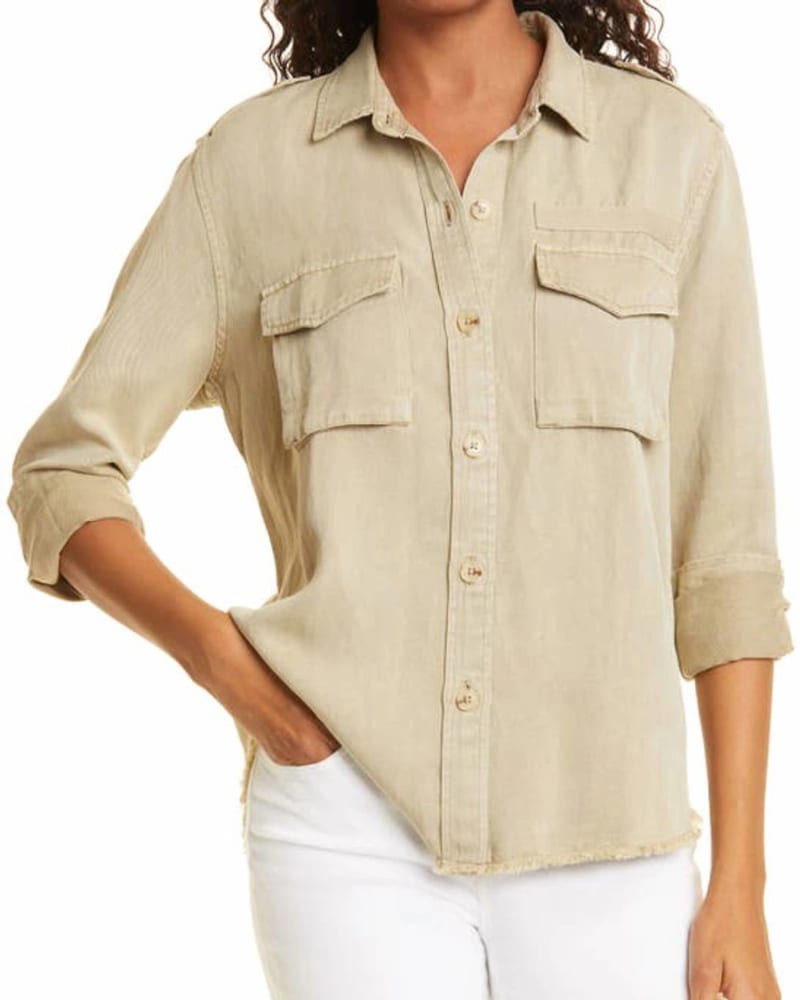 Front of a model wearing a size L Sparrow Top in Ochre in Ochre by Rails. | dia_product_style_image_id:345979